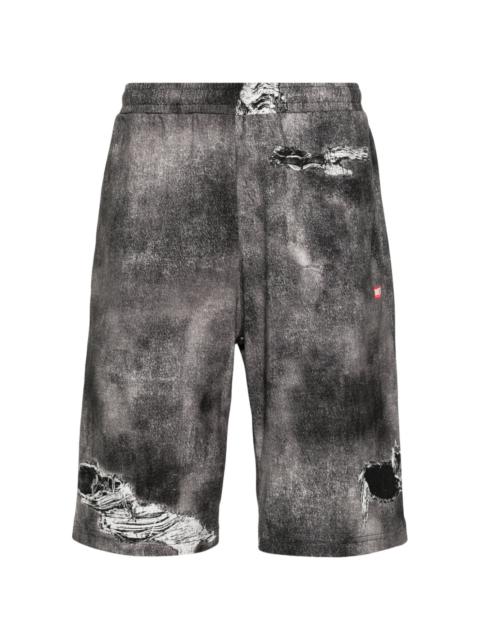 distressed-print cotton track shorts
