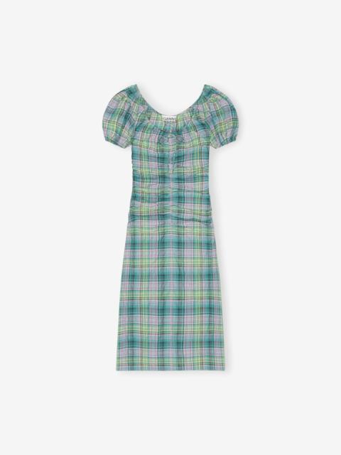 GANNI Seersucker Check Gathered U-neck Midi Dress