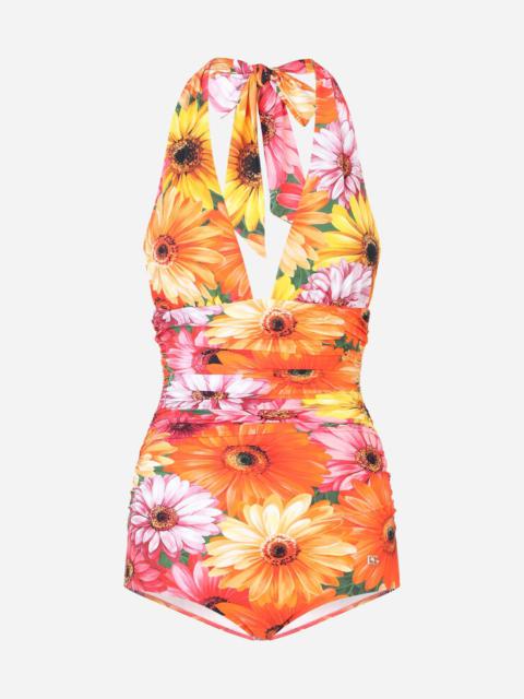 Dolce & Gabbana One-piece swimsuit with plunging neckline and gerbera-daisy print