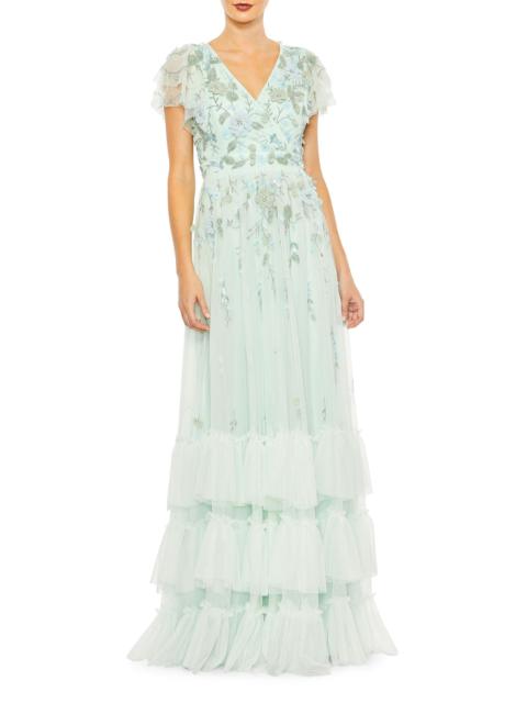 MAC DUGGAL Women's Ruffle-Tiered Embellished Wrap Gown - Seafoam