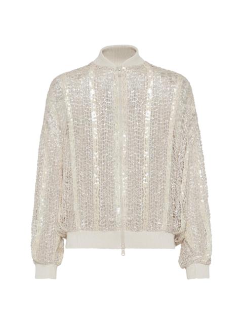 Brunello Cucinelli Women's Dazzling Striped Net Embroidery Bomber Jacket - Oat