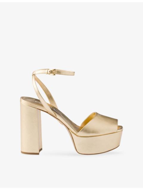 Prada Brand-Print Metallic-Leather Platform Sandals