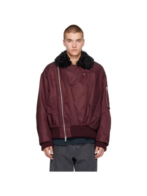 Simone Rocha Burgundy Draped Faux Fur Bomber Jacket