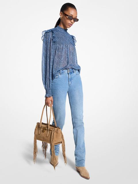 MICHAEL KORS Metallic Paisley Print Smocked Georgette Blouse