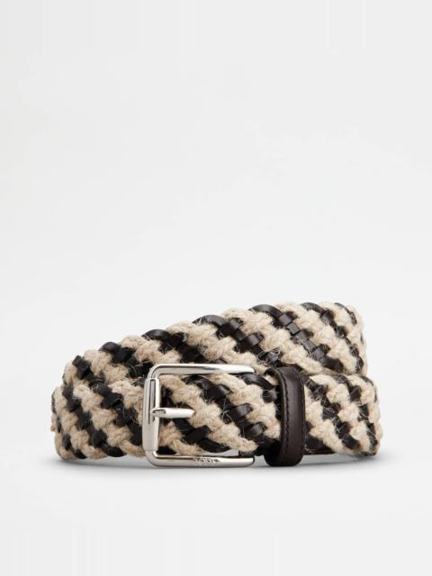 Tod's BELT IN LEATHER AND JUTE - BROWN, OFF WHITE