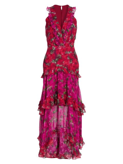 SALONI Women's Jolie Frilled Floral Midi-Dress - Magenta Rosebud