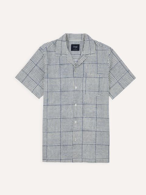 Drake's Navy Weave Block Print Cotton Camp Collar Short Sleeve Shirt