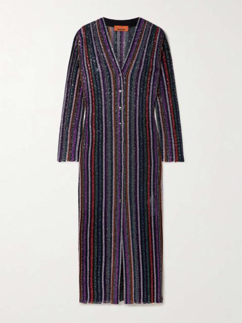 Sequin-embellished striped crochet-knit cardigan Black