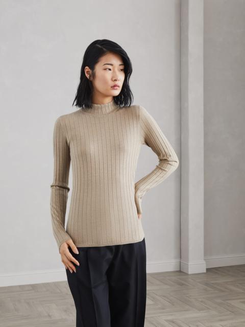 Sparkling cashmere and silk rib knit mock neck sweater