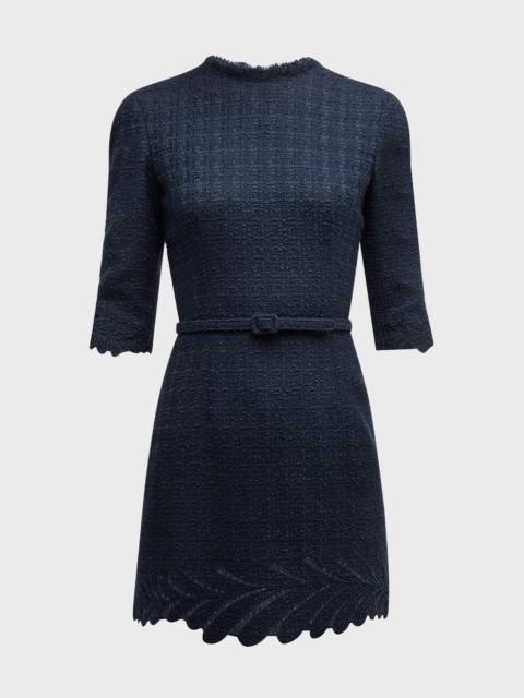 Fern Embroidered 3/4-Sleeve Belted Tweed Mini Dress