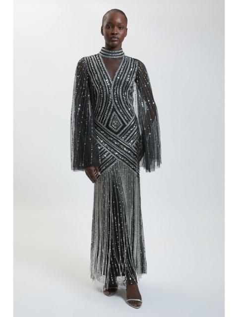 KAREN MILLEN Petite Embellished Woven Maxi Dress With Cape Sleeve