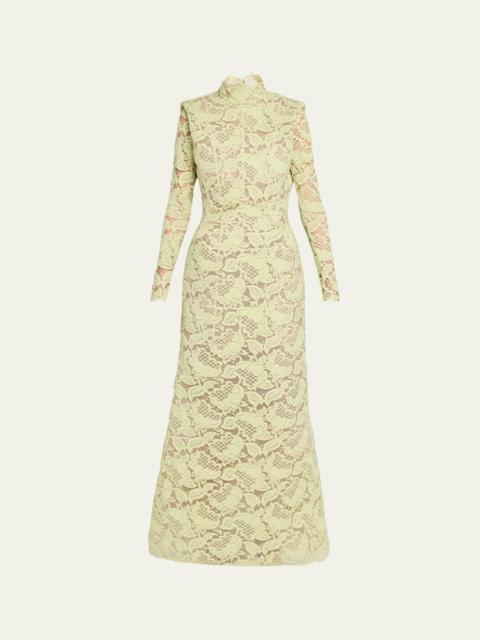 Marc Jacobs Sculptural Lace Long-Sleeve Bow Trumpet Gown