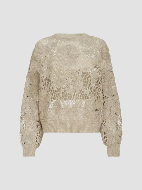 Brunello Cucinelli Women's Whispering Bloom Embroidery Sweater in Sparkling Mohair and Wool - Sand
