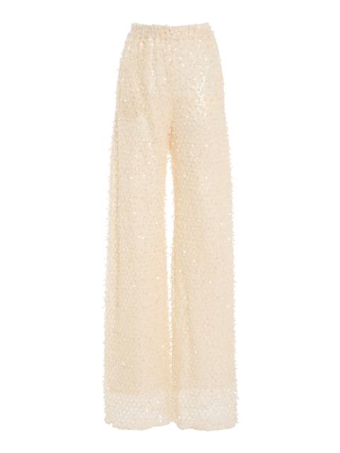 Oscar de la Renta Sequined Wool-Cashmere Wide-Leg Pants ivory