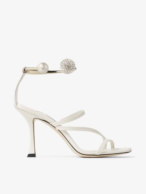 JIMMY CHOO Ottilia 90
Latte Nappa Leather Sandals with Crystal and Pearl Strap