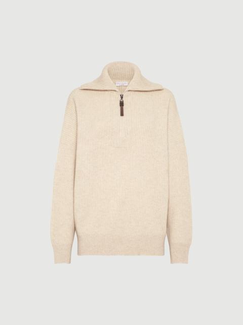 Brunello Cucinelli Cashmere English rib sweater with shiny zipper pull
