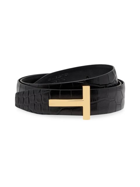 TOM FORD Women's T Logo Croc-Embossed Leather Reversible Belt - Black