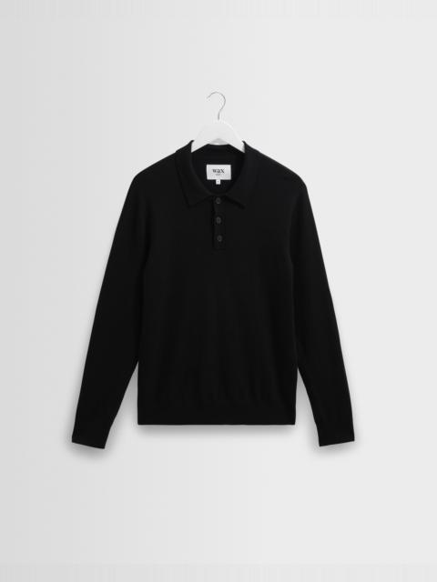 Wax London Oban - Black Worsted Wool Knitted Polo