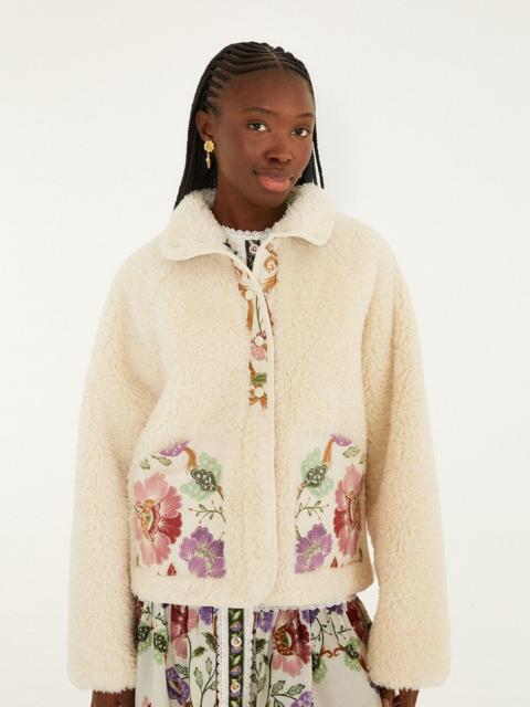 Cream Rococo Flowers Bomber Fleece Jacket