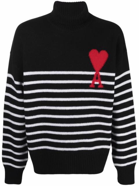 AMI Paris Ami De Coeur Striped Oversize Funnel Neck Sweater