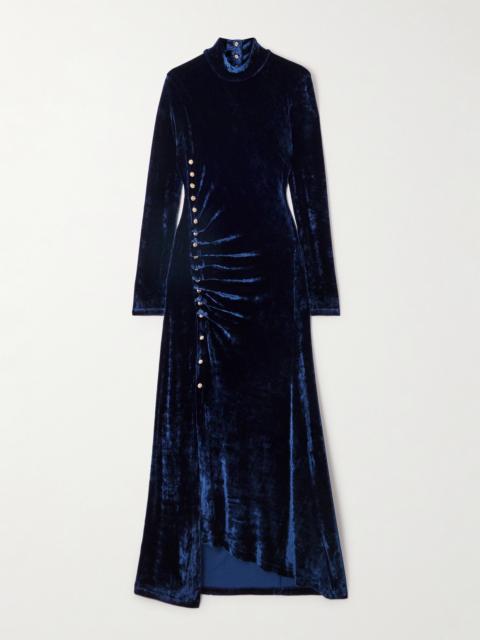 rabanne Asymmetric Ruched Embellished Velvet Turtleneck Dress