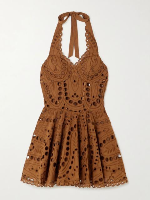 Charo Ruiz Sandlight broderie anglaise cotton-blend halterneck mini dress Brown