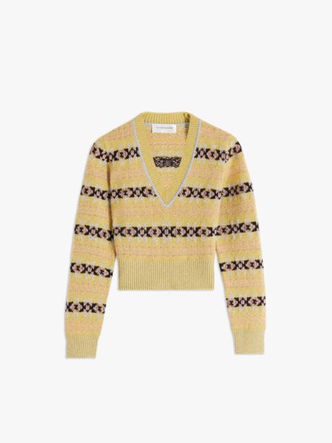 Victoria Beckham V-Neck Jumper in Lime Fairisle