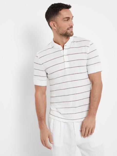 Brunello Cucinelli Linen and cotton striped jersey Henley collar T-shirt