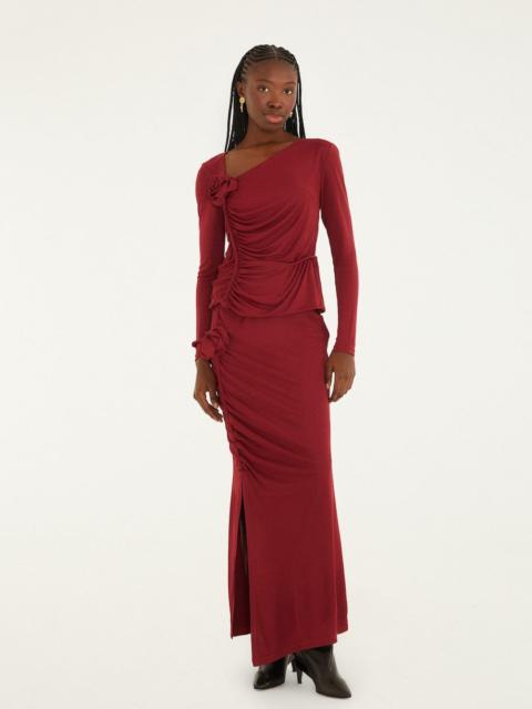 Burgundy 3D Flower Draped Side Slit Maxi Skirt