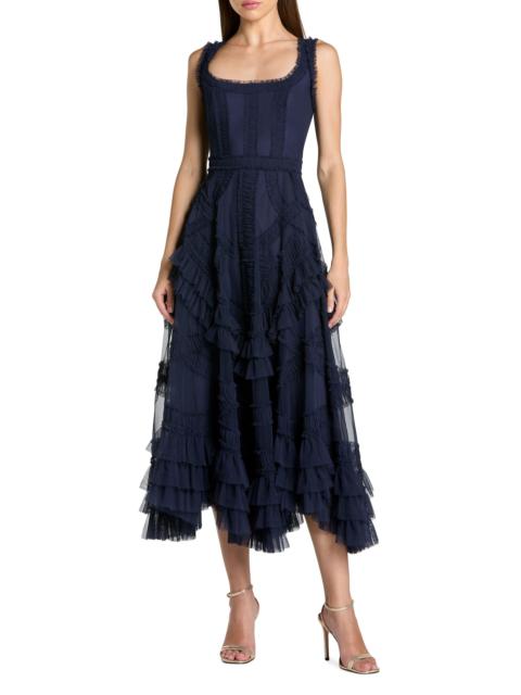MAC DUGGAL Women's Mesh Ruffled Scoopneck Midi-Dress - Midnight