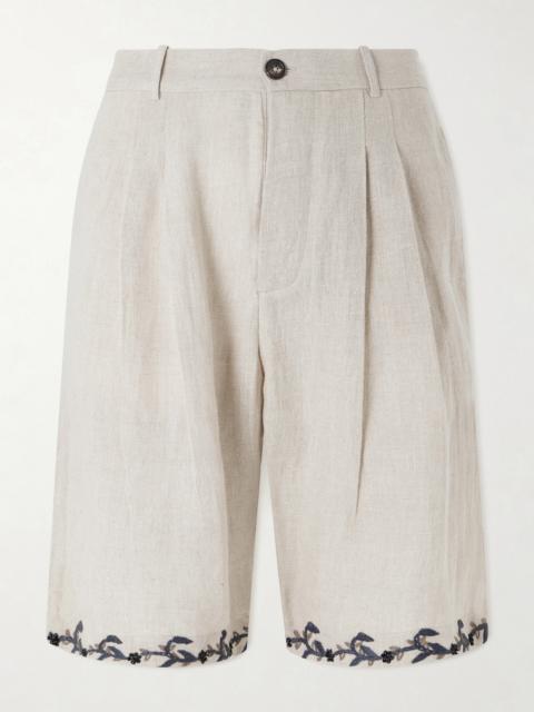 KARTIK RESEARCH Straight-Leg Pleated Embroidered Linen Shorts