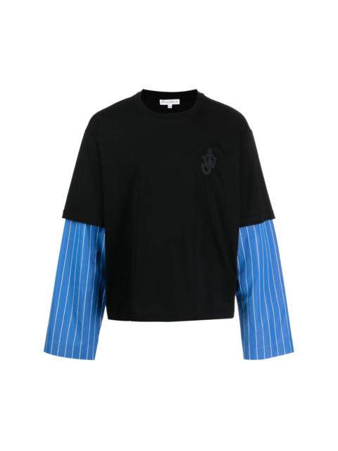 striped-sleeve cotton T-shirt