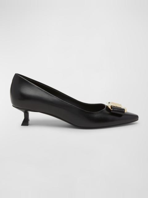 FERRAGAMO Zelma Leather Bow Kitten-Heel Pumps
