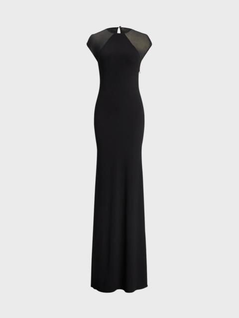 Ralph Lauren Sheer-Sleeve Jersey Column Maxi Dress