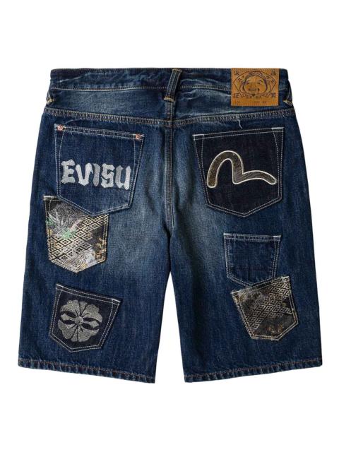EVISU Brocade Patchwork Denim Shorts