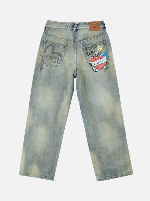 EVISU Vintage Washed Distressed Heart Print Jeans