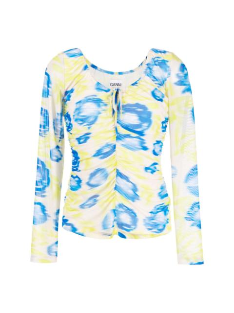 GANNI floral-print ruched mesh top
