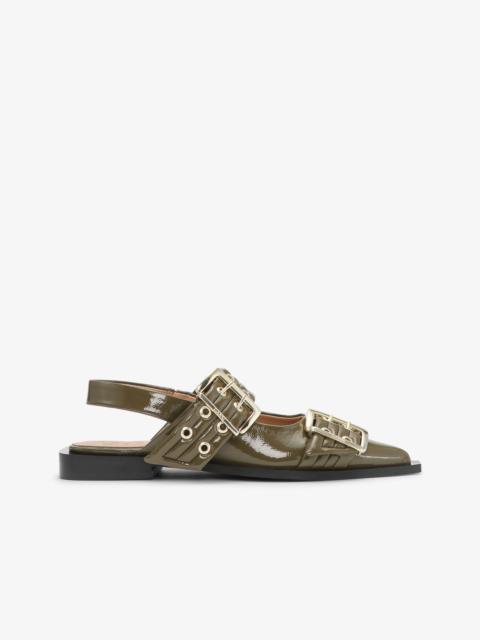 GANNI OLIVE GREEN FEMININE BUCKLE BALLERINAS