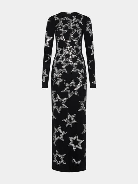 rabanne LONG BLACK DRESS WITH METALLIZED STAR PATTERNS