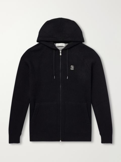 Brunello Cucinelli Logo-Embroidered Ribbed Cashmere Zip-Up Hoodie