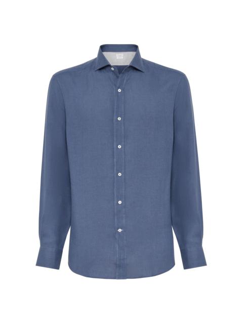 Brunello Cucinelli Men's Hemp Easy Fit Shirt with Spread Collar - Blue