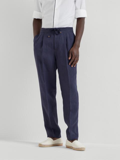 Brunello Cucinelli Linen leisure fit trousers with drawstring and double pleats