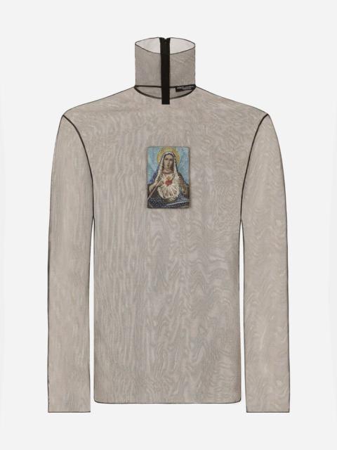 Dolce & Gabbana High-necked tulle T-shirt with patch