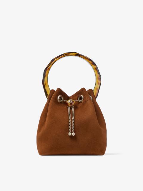 JIMMY CHOO Bon Bon Tan Suede Bucket Bag with Bead Closure and Tortoishell Handle