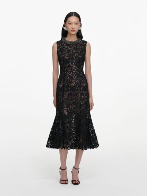 self-portrait Black Lace Beaded Trim Midi Dress
