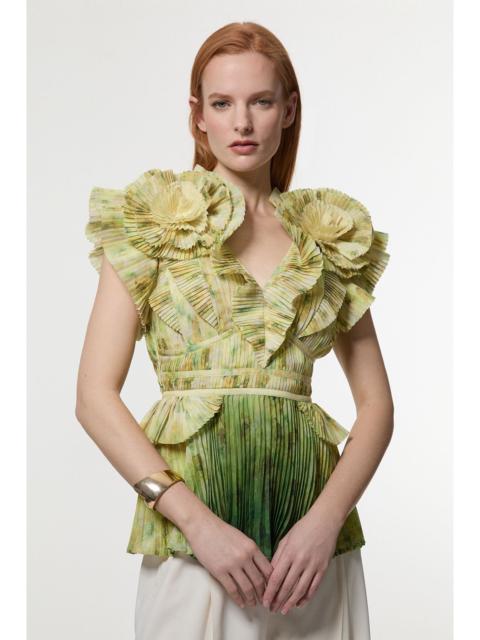 KAREN MILLEN Crinkle Pleat Border Print Blouse With Rosette Detail