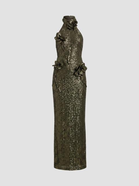 MAC DUGGAL Women's Sequin 3D Flower Halter Column Gown - Olive