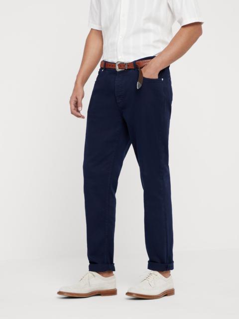 Garment-dyed comfort lightweight denim traditional fit five-pocket trousers