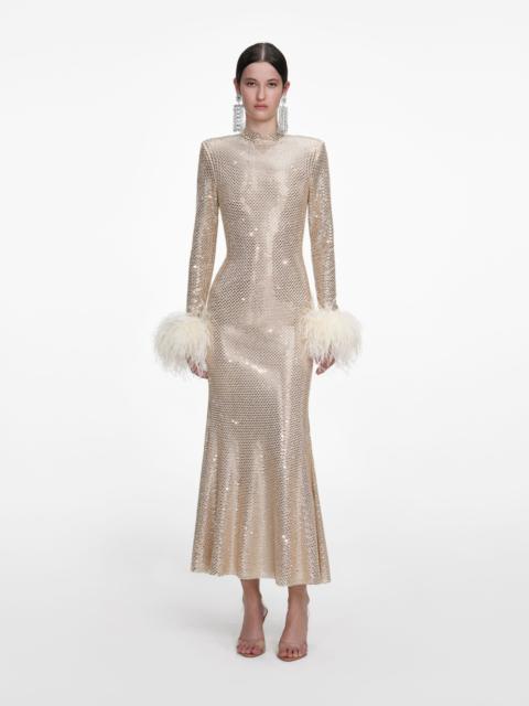self-portrait Champagne Rhinestone Feather Midi Dress
