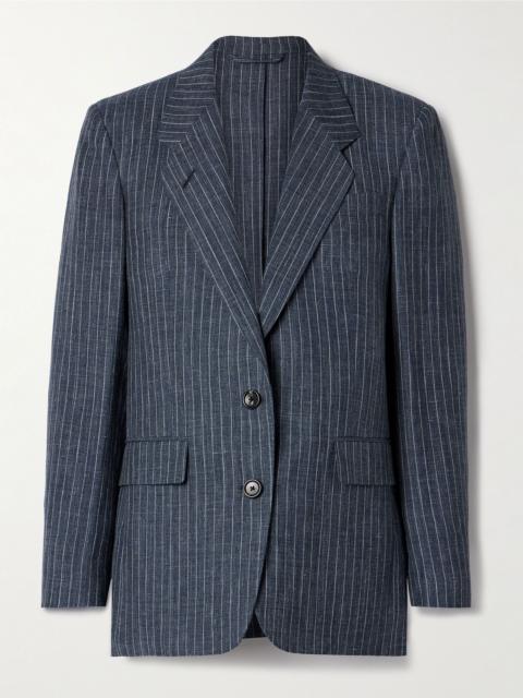 Loro Piana Pinstriped linen, wool and silk-blend blazer Navy